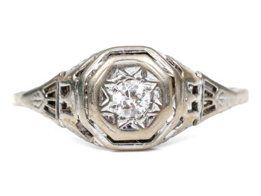 14k White Gold Vintage Filigree And Diamond Ring, App. 0.08 CTS, Size 7.25