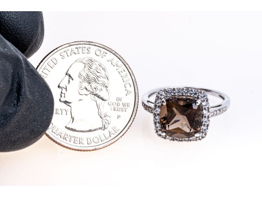 Contemporary 10K White Gold And Smoky Quartz Ring, Size 7.25