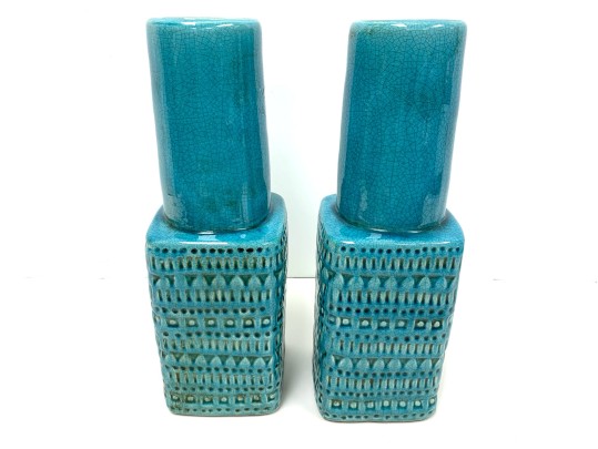 Pair Of Tozai Turquoise Crackle Glaze Vases
