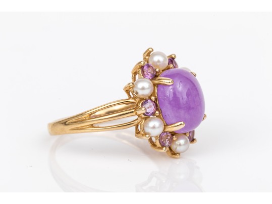 14k Yellow Gold Pretty Purple Aventurine Cabachon, Cultured Pearl And Amethyst Halo Ring, Size 7.75
