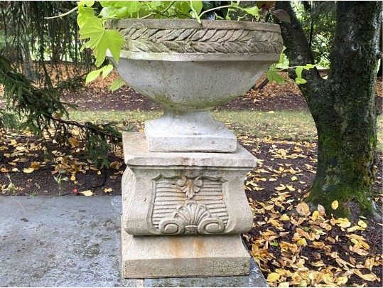 Cast Cement Urn Form Planter With Plinth Base