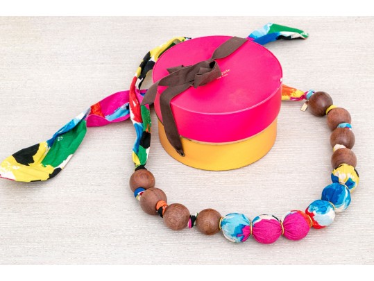 Kate Spade Textile Wrapped And Wooden Beaded Necklace