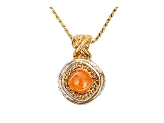 Sterling Silver And 14k Chunky Carnelian Pendant, With Sterling Chain