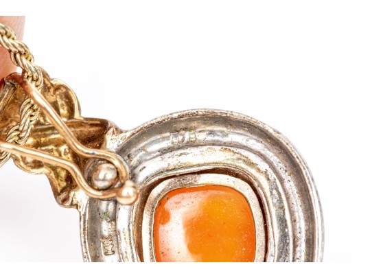 Sterling Silver And 14k Chunky Carnelian Pendant, With Sterling Chain