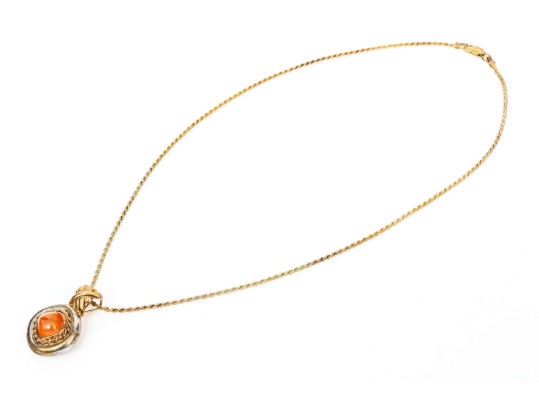 Sterling Silver And 14k Chunky Carnelian Pendant, With Sterling Chain