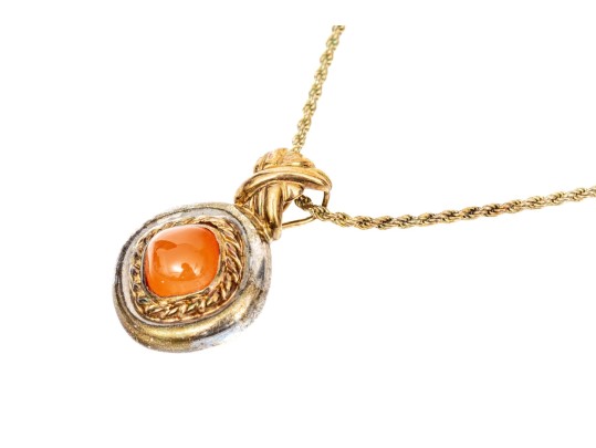 Sterling Silver And 14k Chunky Carnelian Pendant, With Sterling Chain