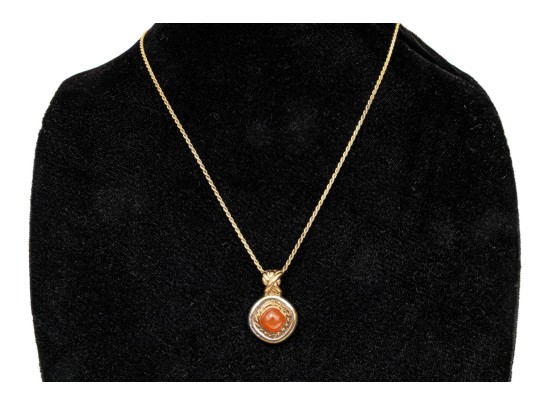 Sterling Silver And 14k Chunky Carnelian Pendant, With Sterling Chain