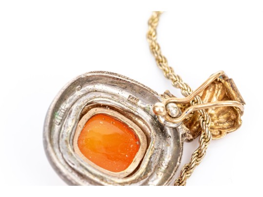 Sterling Silver And 14k Chunky Carnelian Pendant, With Sterling Chain