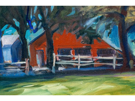 Caroline Gantz (American, B. 1954) Oil On Canvas, Wilton CT, Fieldside View Of A Barn