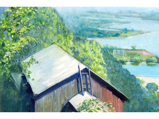 Signed Oil On Board, Landscape With Lake And Architecture