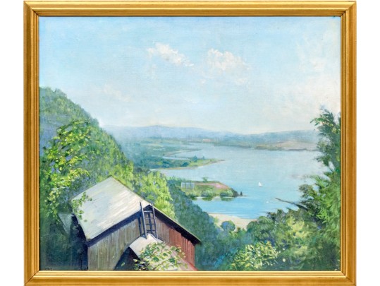 Signed Oil On Board, Landscape With Lake And Architecture