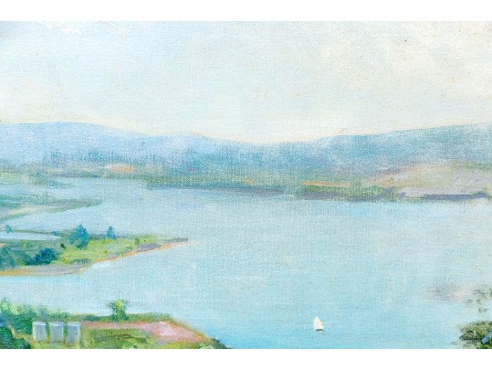 Signed Oil On Board, Landscape With Lake And Architecture