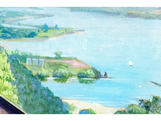 Signed Oil On Board, Landscape With Lake And Architecture