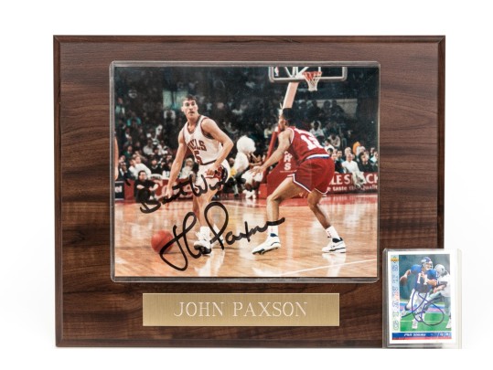 Phil Simms Autographed NY Giants Card, With Autographed John Paxson Photograph