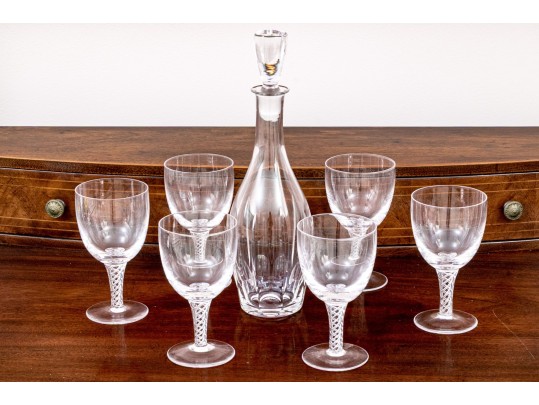 Crystal Decanter With Stopper And Six Hand-Blown Double Helix Stemmed Goblets