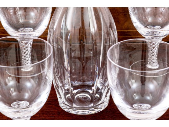 Crystal Decanter With Stopper And Six Hand-Blown Double Helix Stemmed Goblets