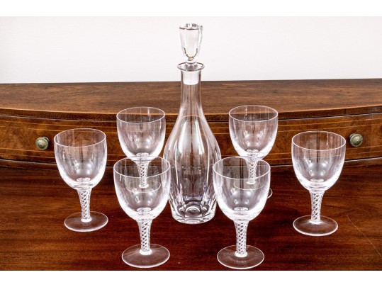 Crystal Decanter With Stopper And Six Hand-Blown Double Helix Stemmed Goblets