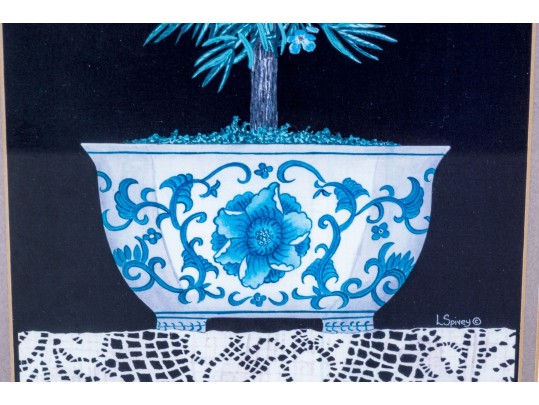 Linda Spivey Pair Of Prints, Still Lives Of Blue And White Planters With Trees And Lace Work, 2007