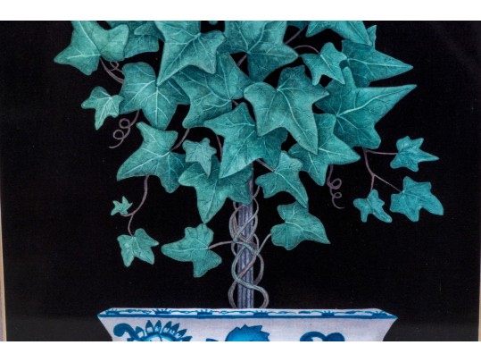 Linda Spivey Pair Of Prints, Still Lives Of Blue And White Planters With Trees And Lace Work, 2007