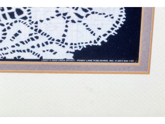 Linda Spivey Pair Of Prints, Still Lives Of Blue And White Planters With Trees And Lace Work, 2007