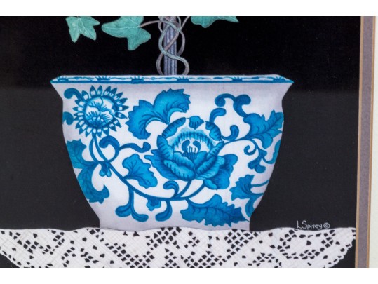 Linda Spivey Pair Of Prints, Still Lives Of Blue And White Planters With Trees And Lace Work, 2007