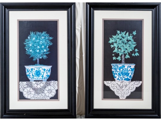 Linda Spivey Pair Of Prints, Still Lives Of Blue And White Planters With Trees And Lace Work, 2007