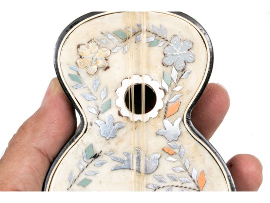 Antique Italian Silver Inlaid Guitar Form Music Box