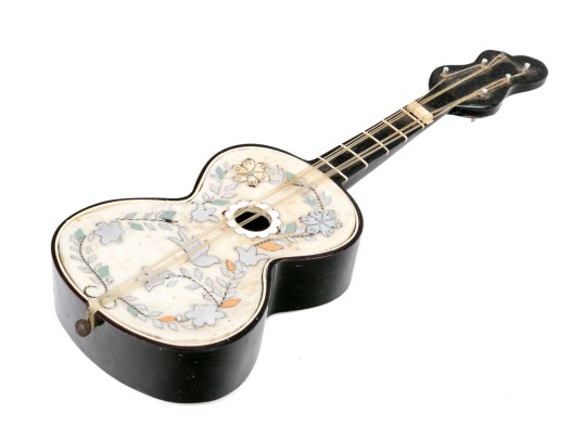 Antique Italian Silver Inlaid Guitar Form Music Box