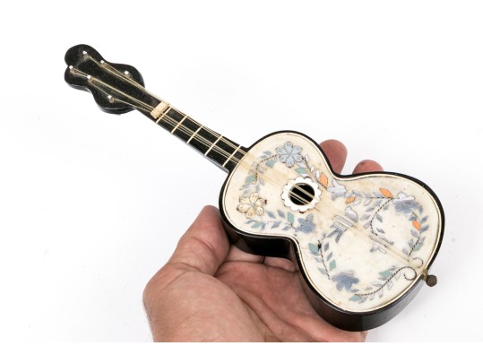 Antique Italian Silver Inlaid Guitar Form Music Box