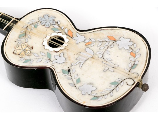 Antique Italian Silver Inlaid Guitar Form Music Box