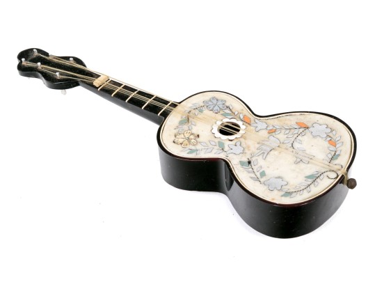 Antique Italian Silver Inlaid Guitar Form Music Box