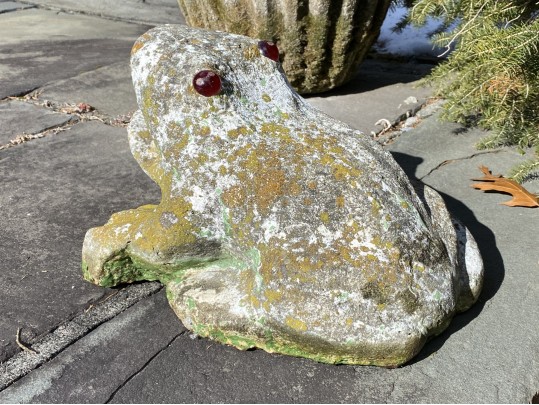 Cast Stone Garden Statue Of A Frog With Red Glass Eyes