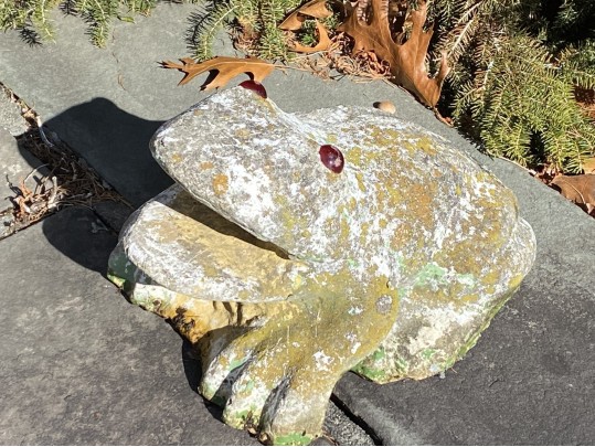 Cast Stone Garden Statue Of A Frog With Red Glass Eyes
