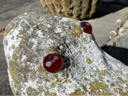 Cast Stone Garden Statue Of A Frog With Red Glass Eyes