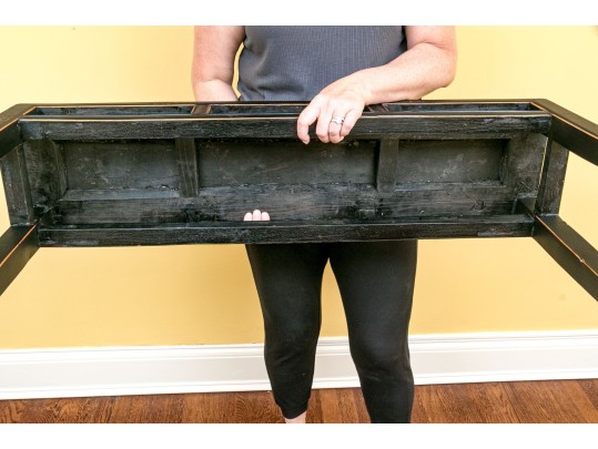 Chinese Style Wooden Bench With Decorative Faux Woven Panel