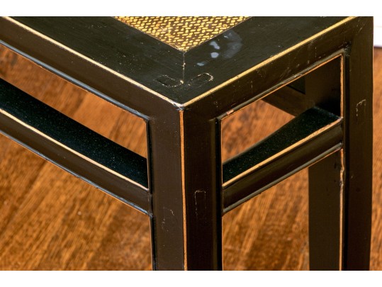 Chinese Style Wooden Bench With Decorative Faux Woven Panel