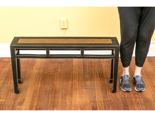 Chinese Style Wooden Bench With Decorative Faux Woven Panel