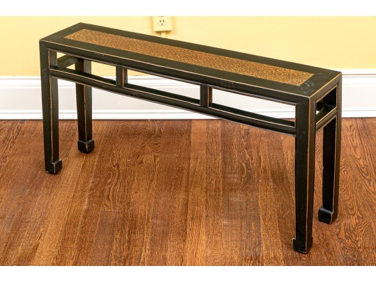 Chinese Style Wooden Bench With Decorative Faux Woven Panel