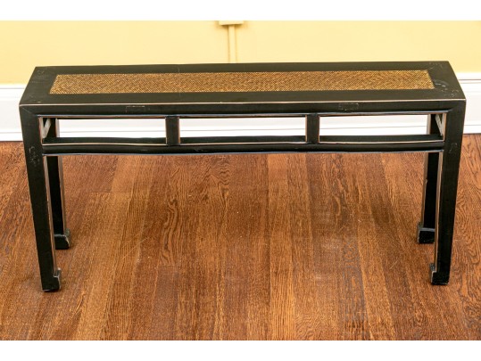 Chinese Style Wooden Bench With Decorative Faux Woven Panel