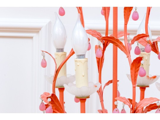 Colorful Tole Chandelier With Pink Prisms