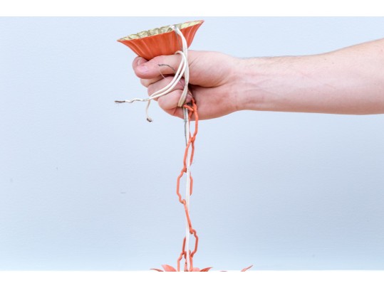 Colorful Tole Chandelier With Pink Prisms