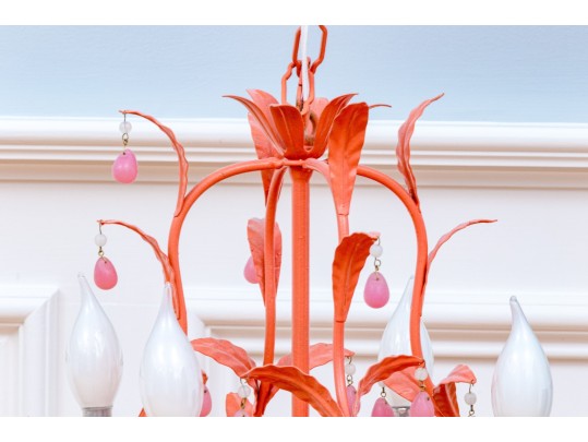 Colorful Tole Chandelier With Pink Prisms