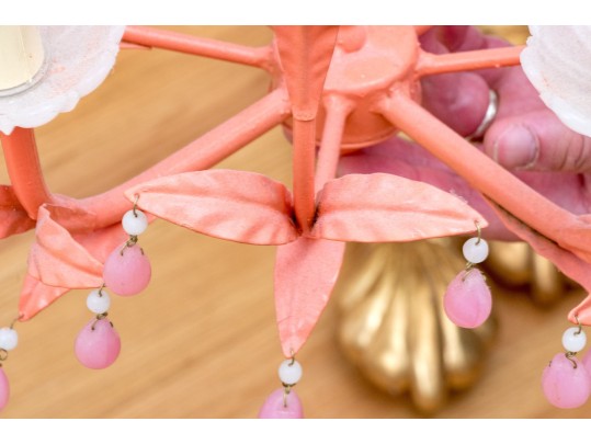 Colorful Tole Chandelier With Pink Prisms