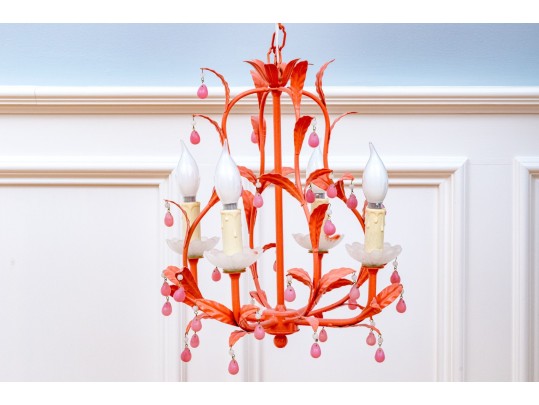 Colorful Tole Chandelier With Pink Prisms