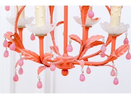 Colorful Tole Chandelier With Pink Prisms