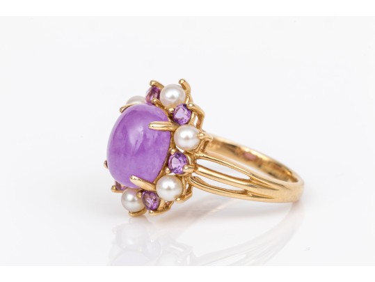 14k Yellow Gold Pretty Purple Aventurine Cabachon, Cultured Pearl And Amethyst Halo Ring, Size 7.75