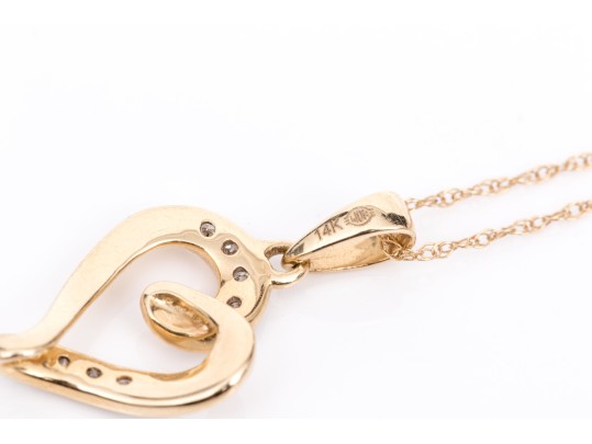 14k Yellow Gold Retro Diamond Set Heart Pendant, App. 0.04 TCW, With Chain