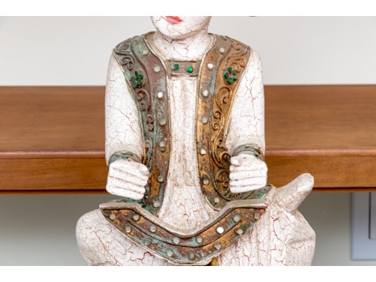 Pair Of Decorative Thai Carved And Inlaid Figures On Stands