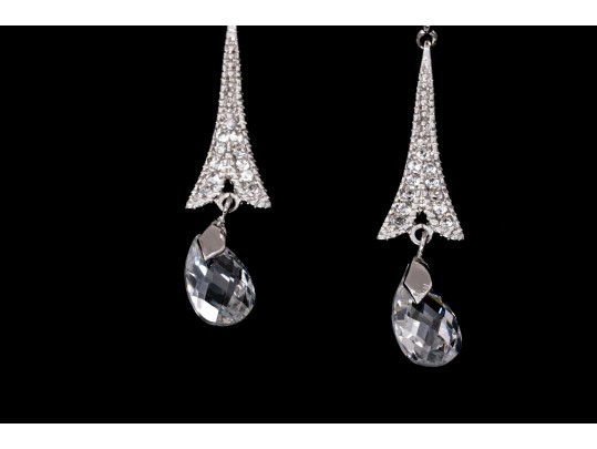 Sterling Silver Graceful Briolette Pendant Earrings Set With Round Brilliant Cut CZ Stones