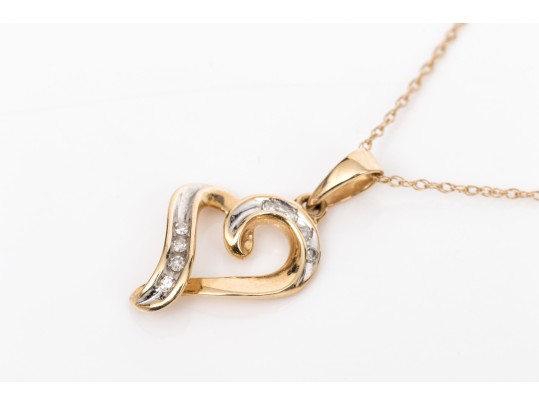 14k Yellow Gold Retro Diamond Set Heart Pendant, App. 0.04 TCW, With Chain